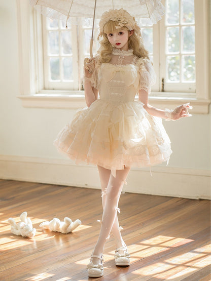 Creamy White Princess Basque Waist Lolita Dress Beads and Ribbon Bows on Skirt