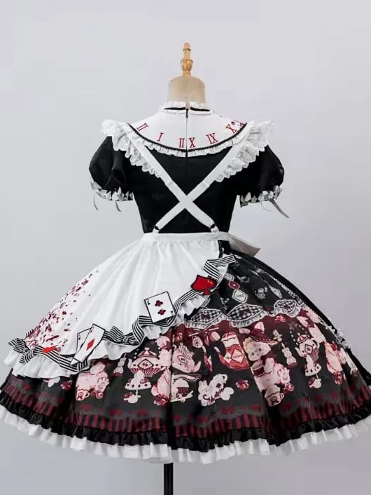 Alice in Wonderland Vibes Black and Red Bunny and Teapot Print Apron Dress Sweet Lolita OP / Full Set