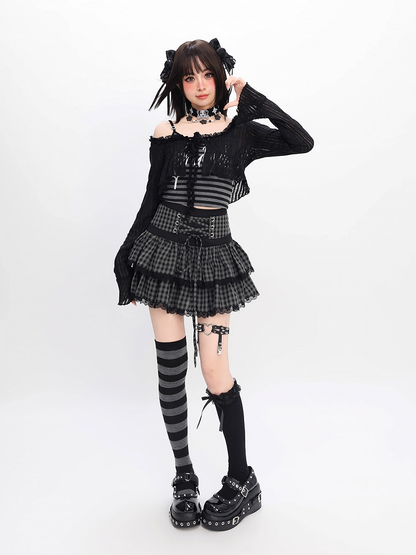 Black and Gray Plaid Lace-up Waist Tiered Skirt