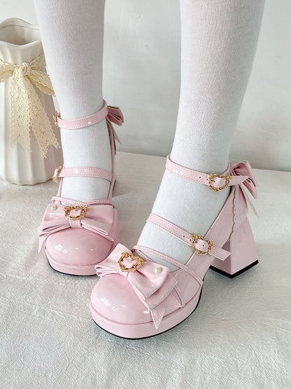 Pink Bow Accent Crisscross Design Lolita Platform High Block Heels
