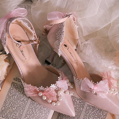 Pink Beaded Chain Pointed Toe Hime Lolita Middle Heels