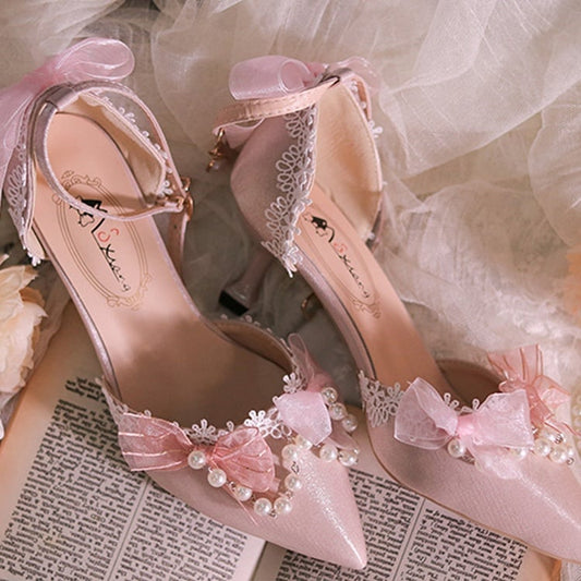 Pink Beaded Chain Pointed Toe Hime Lolita Middle Heels