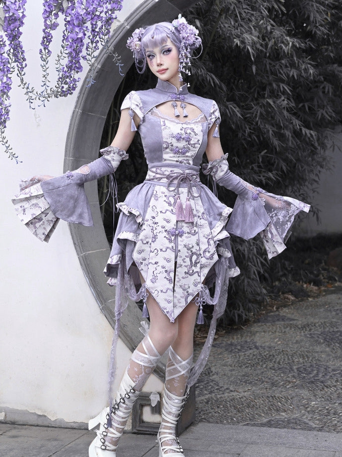 Purple Corset Belt Waist Irregular Layered Skirt Chinoiserie Knot Button and Tassels