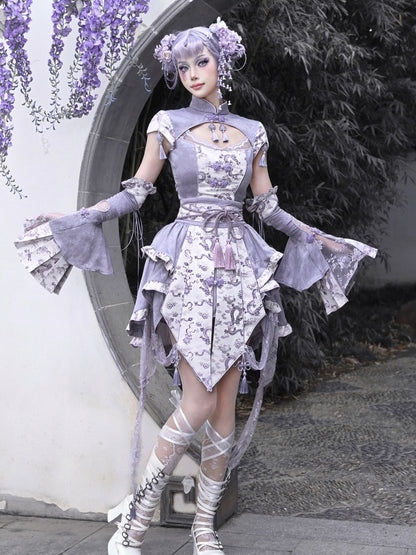 Purple Corset Belt Waist Irregular Layered Skirt Chinoiserie Knot Button and Tassels