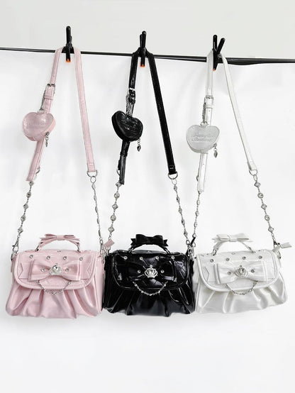 Black Jirai Kei Crossbody Bag - Interchangeable Rhinestone Strap & Crown Bow with Heart Bag