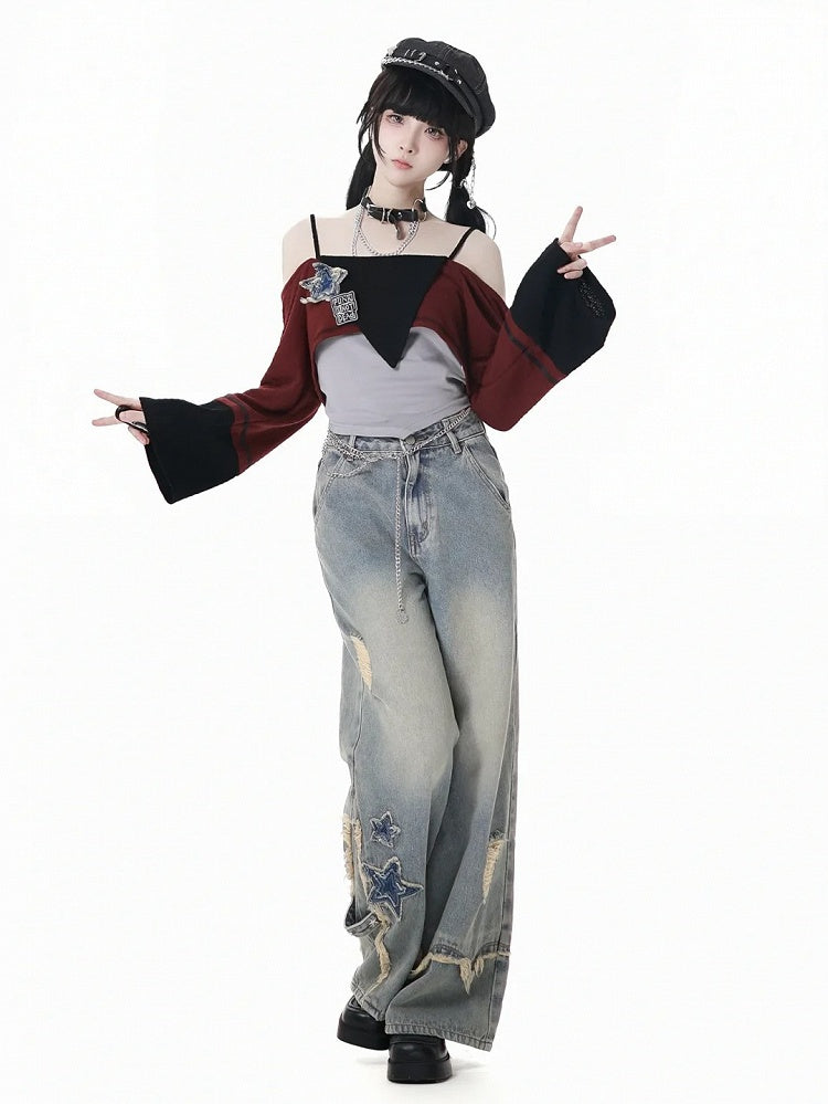 Blue Star Appliques Raw Hem Distressed Wide-leg Jeans with Waist Chain