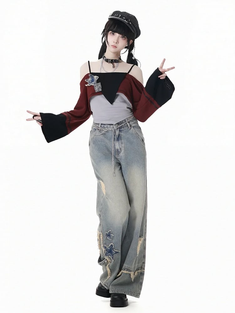 Blue Star Appliques Raw Hem Distressed Wide-leg Jeans with Waist Chain