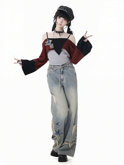 Blue Star Appliques Raw Hem Distressed Wide-leg Jeans with Waist Chain