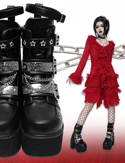 Black Punk Rectangle Metal Plates Buckle Straps Platform High Block Heels with Studs and Chain