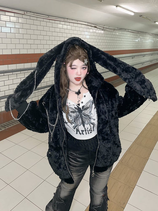 Plus Size Black Bunny Ears Y2K Hooded Coat