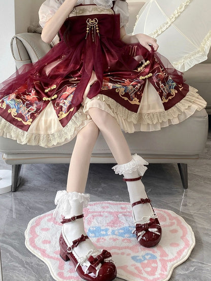 Wine Red Ruffle Trim Decorated Bow at Top 3.5CM Sweet Lolita Block Heel Mary Janes