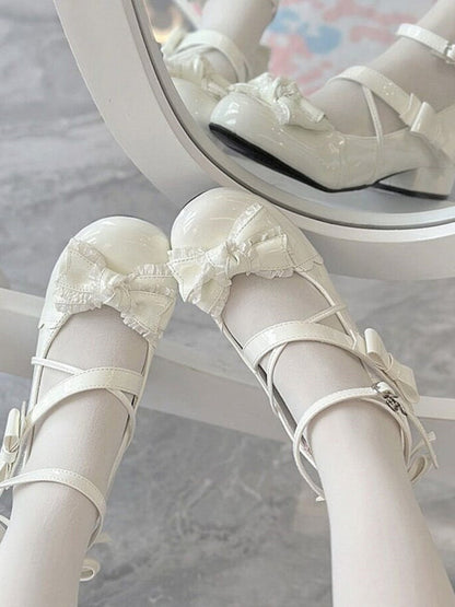 White Bow at Top 3cm Heel Sweet Round Toe Mary Janes