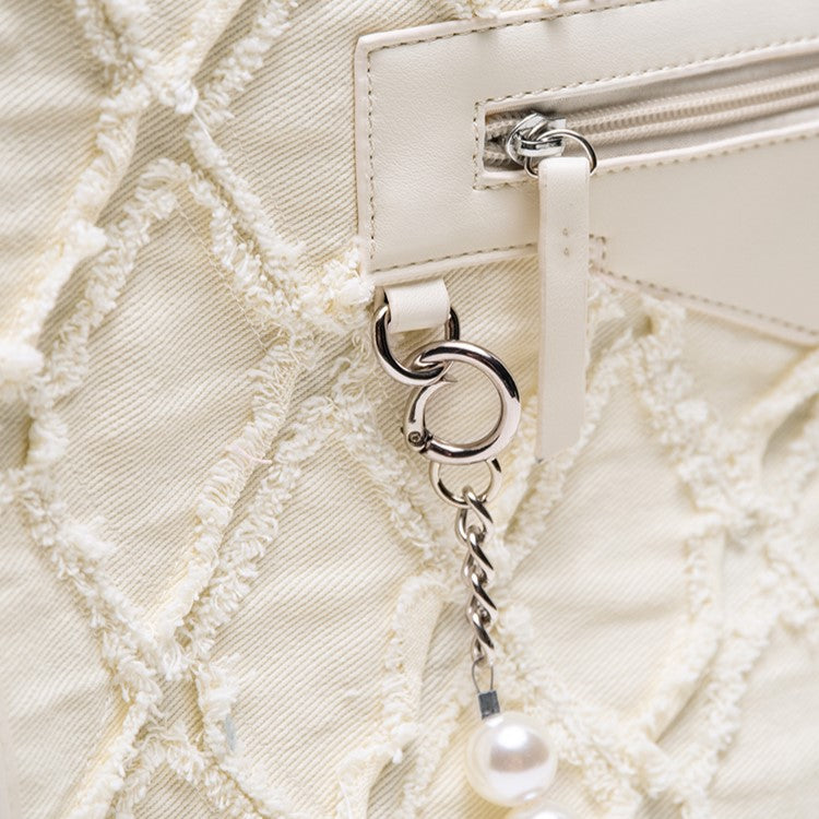 Elegant Blue Quilted Tote Bag With Beaded Chain Accent -Spacious Design