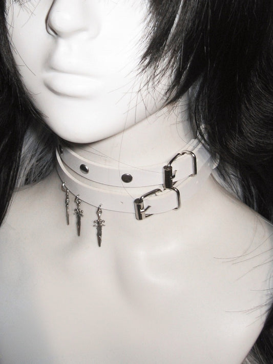 White Stud Detail Sword Pendant Punk Choker