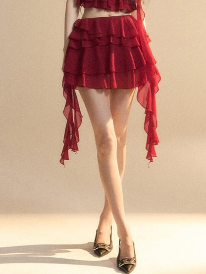 Clearance-Size M for Waist 64CM Red Chiffon Asymmetrical Ruffled Hem Slim-fitting Mini Tiered Skirt