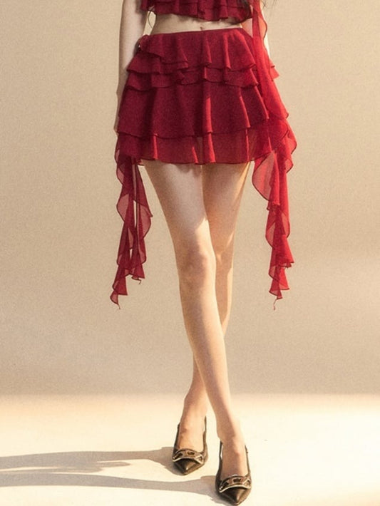 Clearance-Size M for Waist 64CM Red Chiffon Asymmetrical Ruffled Hem Slim-fitting Mini Tiered Skirt