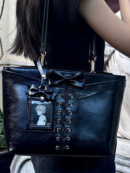 Black Bow Accents Lace-up Detail Ita Shoulder Bag with Free Charm