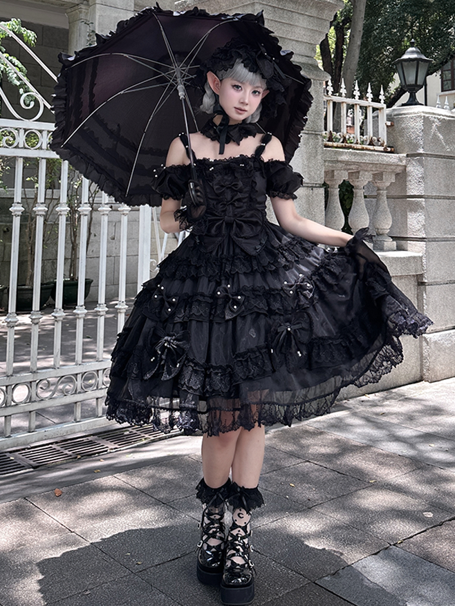 All Black Bow Accents and Bead Details Princess Lolita Dress with Big Bow at Back