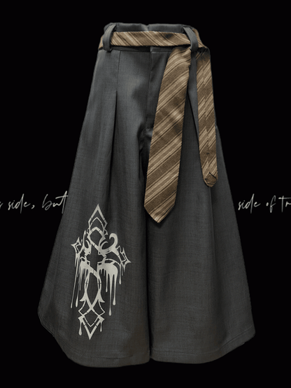 Gray Cross Print Vintage Wide-Leg Pants