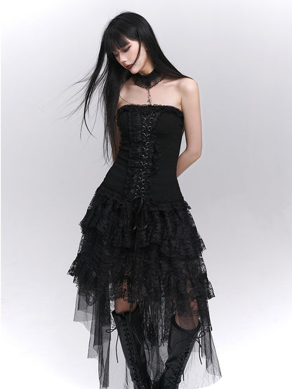 Gothic Black High-Low Tiered Lace Skirt