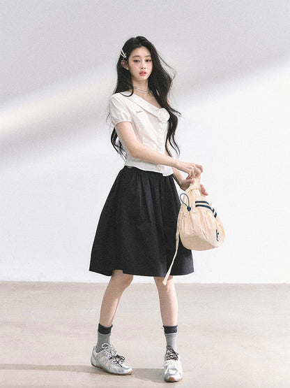 Black/Navy Blue A-line Knee Length Skirt