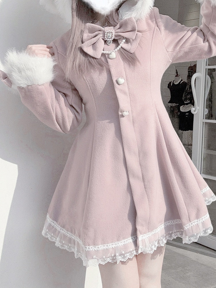 Jirai Kei Pink A-Line Waisted Coat | Detachable Plush Bunny Ear Hood & Bowknots