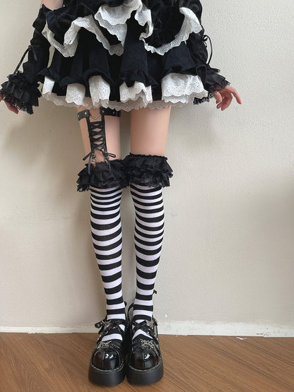 Black and White Striped Lace Trim Gothic Overknee Stockings