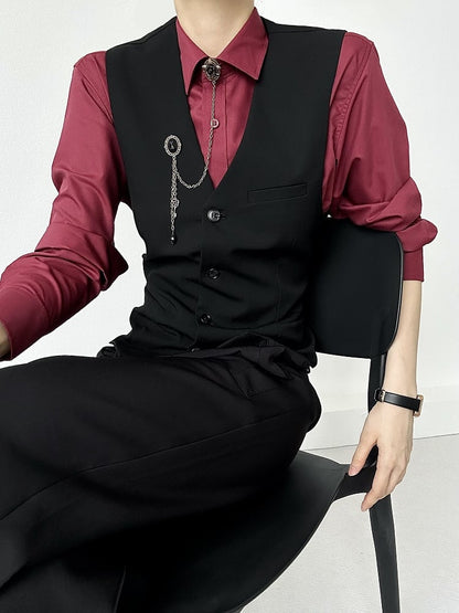 Ouji Lolita Wine Red Pointed Collar Unisex Shirt with Button Front & Cuff