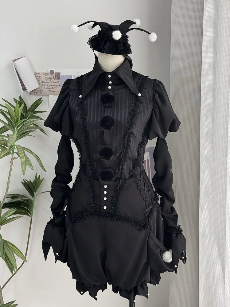 Circus Clown Vibes Ouji Lolita Outfit - Black Pointed Collar Shirt + Bloomer Shorts + Garters