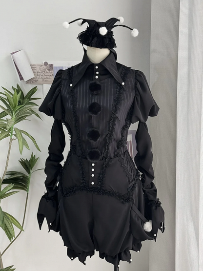Circus Clown Vibes Ouji Lolita Outfit - Black Pointed Collar Shirt + Bloomer Shorts + Garters