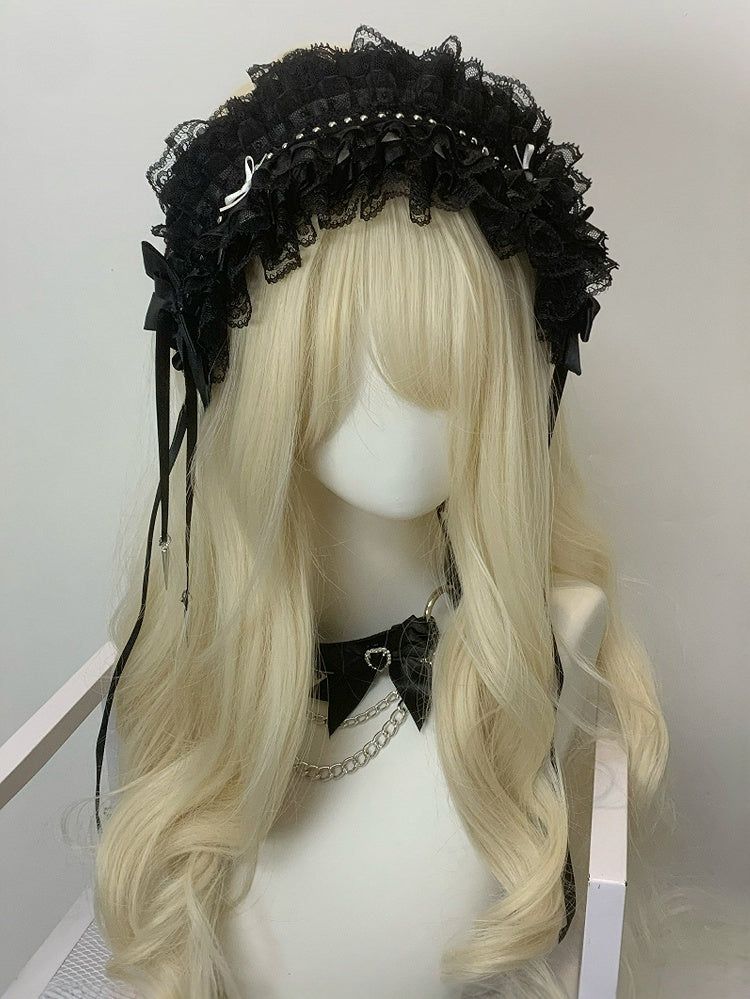 Black/White Studs Decorated Bowknot Details Ruffled Hairband