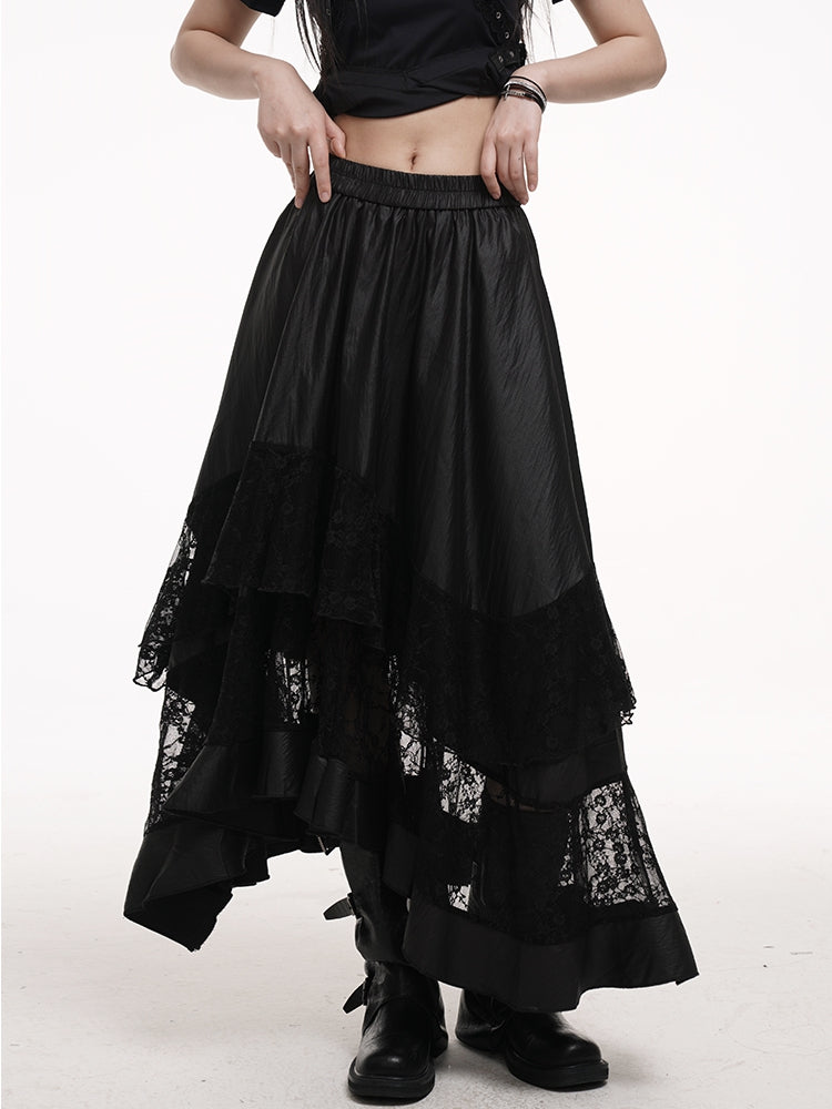 Black Elastic Waist Asymmetrical Hem Lace Patches Skirt