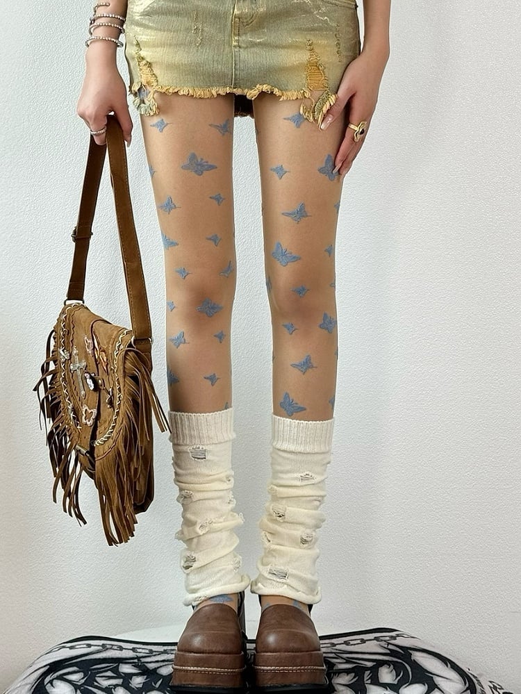 Nude Gyaru Fashion Butterfly Embroidered Tights