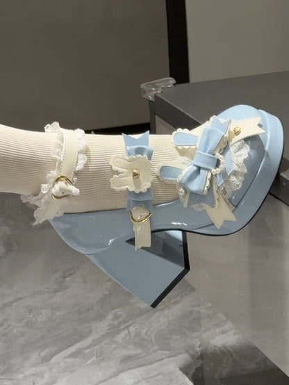 Polished Blue Sweet Lolita Bunny Decorated Bowknot Details Lace Trim Platform High Block Heels