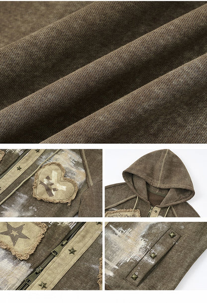 Sweetheart Applique Brown Gothic Punk Distressed Zip Hoodie with Studs