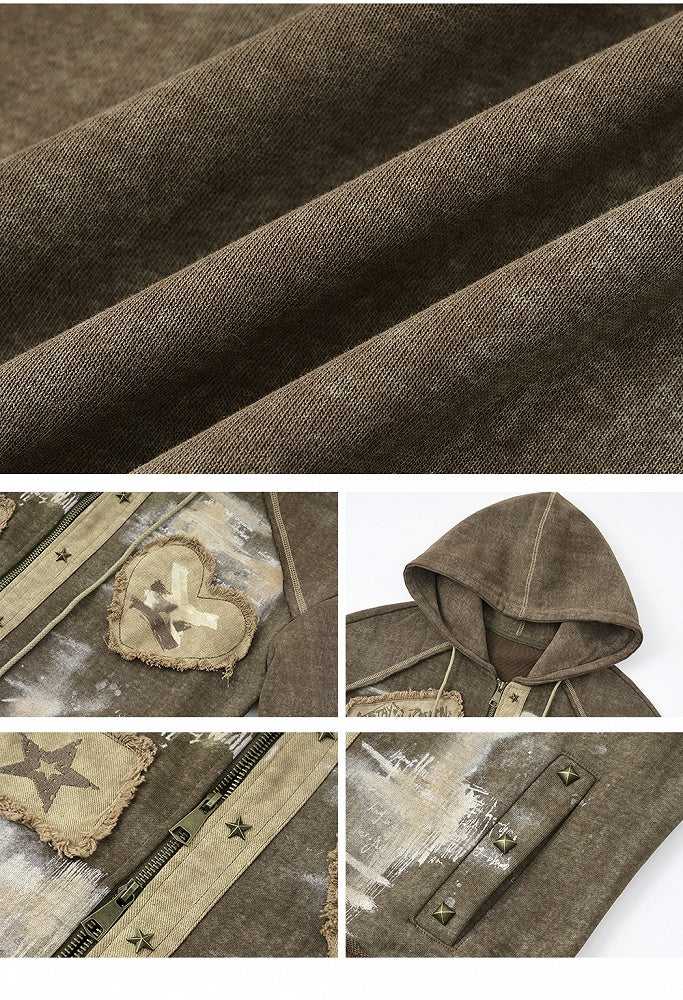Sweetheart Applique Brown Gothic Punk Distressed Zip Hoodie with Studs