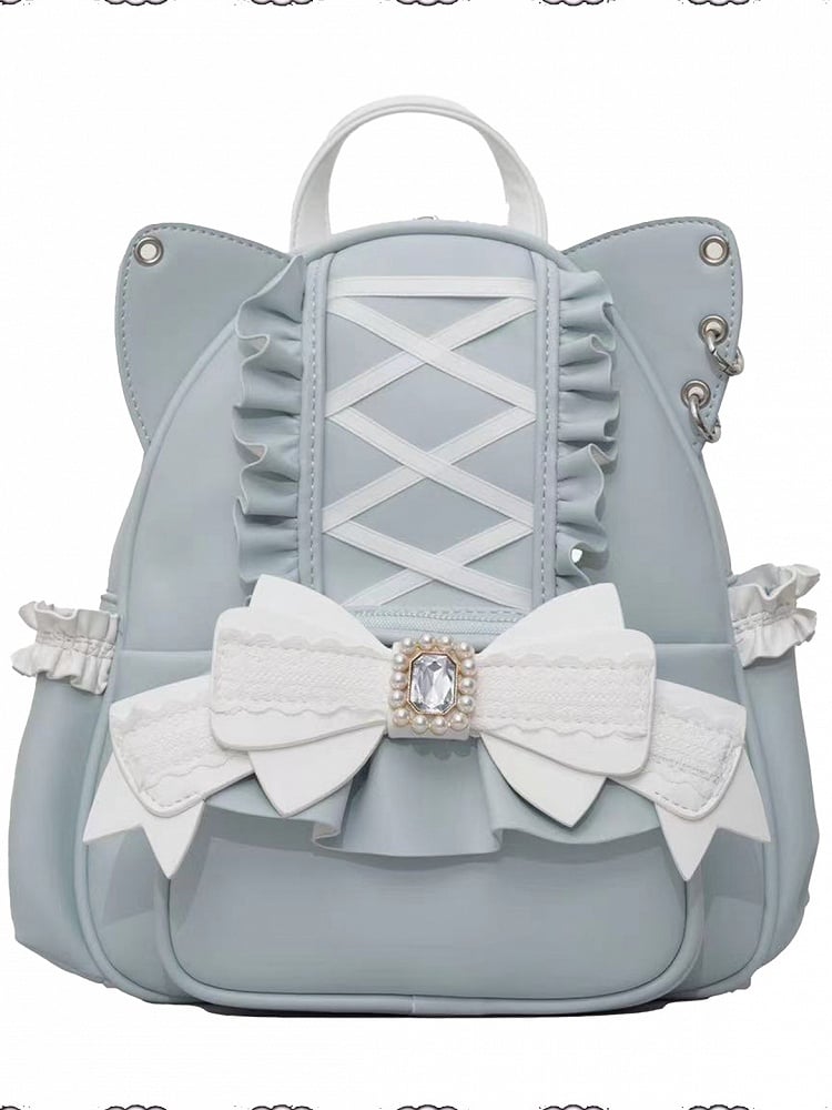 Jirai Kei Light Blue Cat Ear Backpack With Beaded and Rhinestone Bow