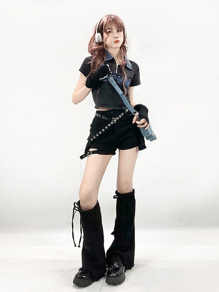 Black Cargo Pocket Denim Shorts + Star Design Flared Denim Leg Warmers
