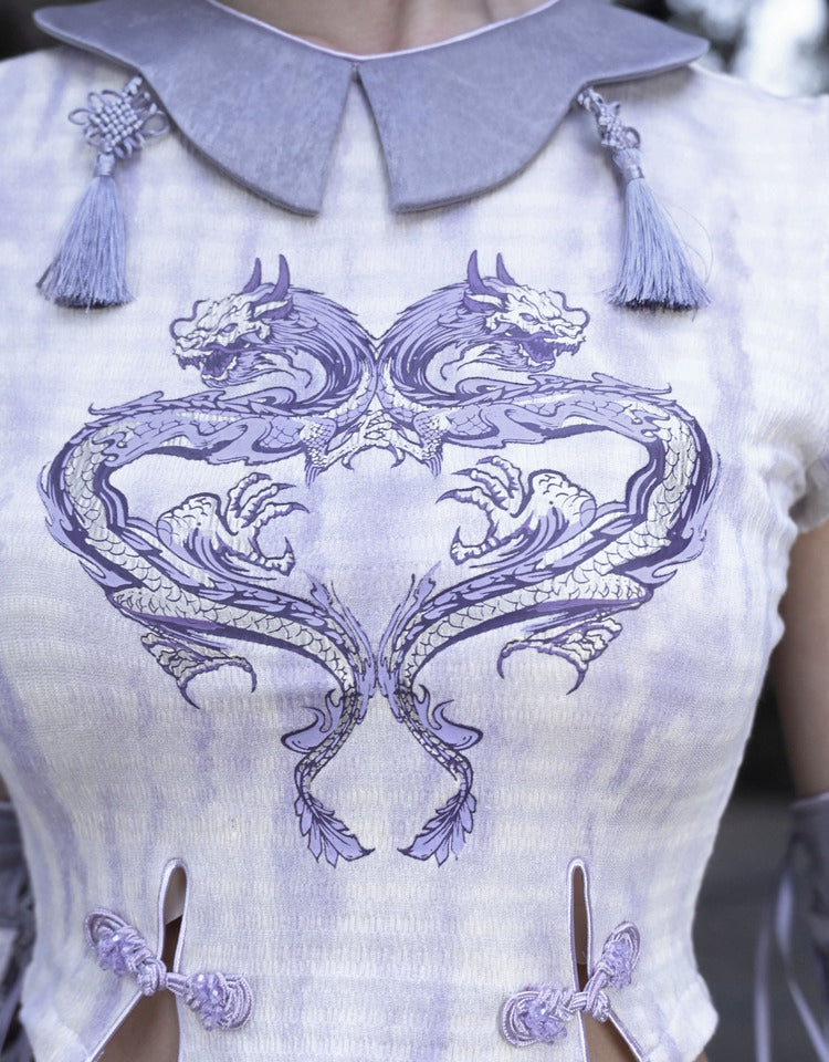 Summer Purple Dragon Print Tie Dye Knitted Cropped Top