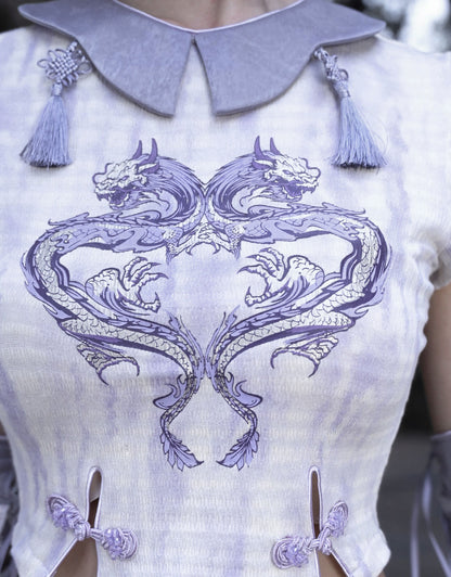 Summer Purple Dragon Print Tie Dye Knitted Cropped Top