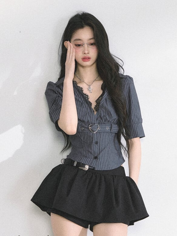 Black Stripes/White V-neck Heart Buckle Strap Short Sleeves Shirt