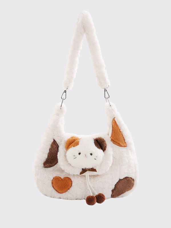 White Cute Kitty Plush Shoulder Bag With Pompons