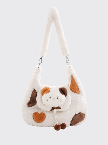 White Cute Kitty Plush Shoulder Bag With Pompons
