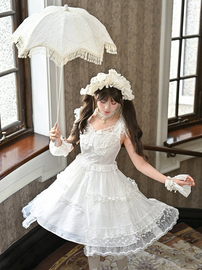 White Flutter Sleeves Butterfly Accent Ruffled Lace Trim Lolita JSK