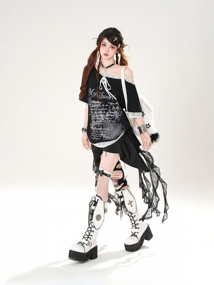 Asymmetrical Neckline Lace Trim Butterfly Print Black/White Loose T-shirt