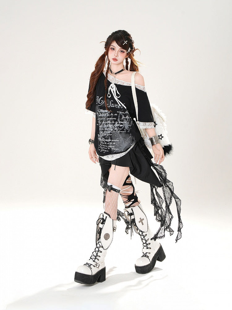 Asymmetrical Neckline Lace Trim Butterfly Print Black/White Loose T-shirt