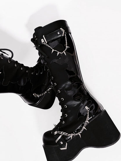 Matte Black Punk Goth Platform Boots Spike Studs Chains Knee-high Boots