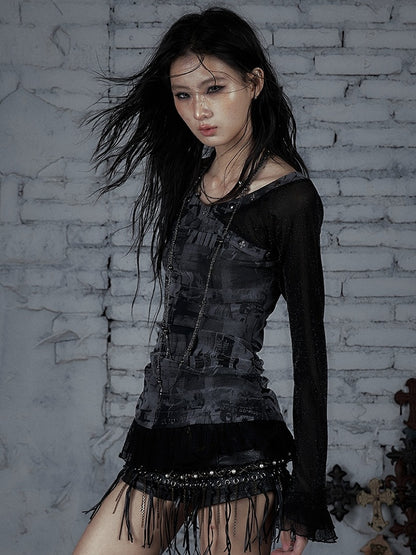 Black&Gray/Beige Wasteland Punk Star And Studs Decorated Lace Trim T-shirt