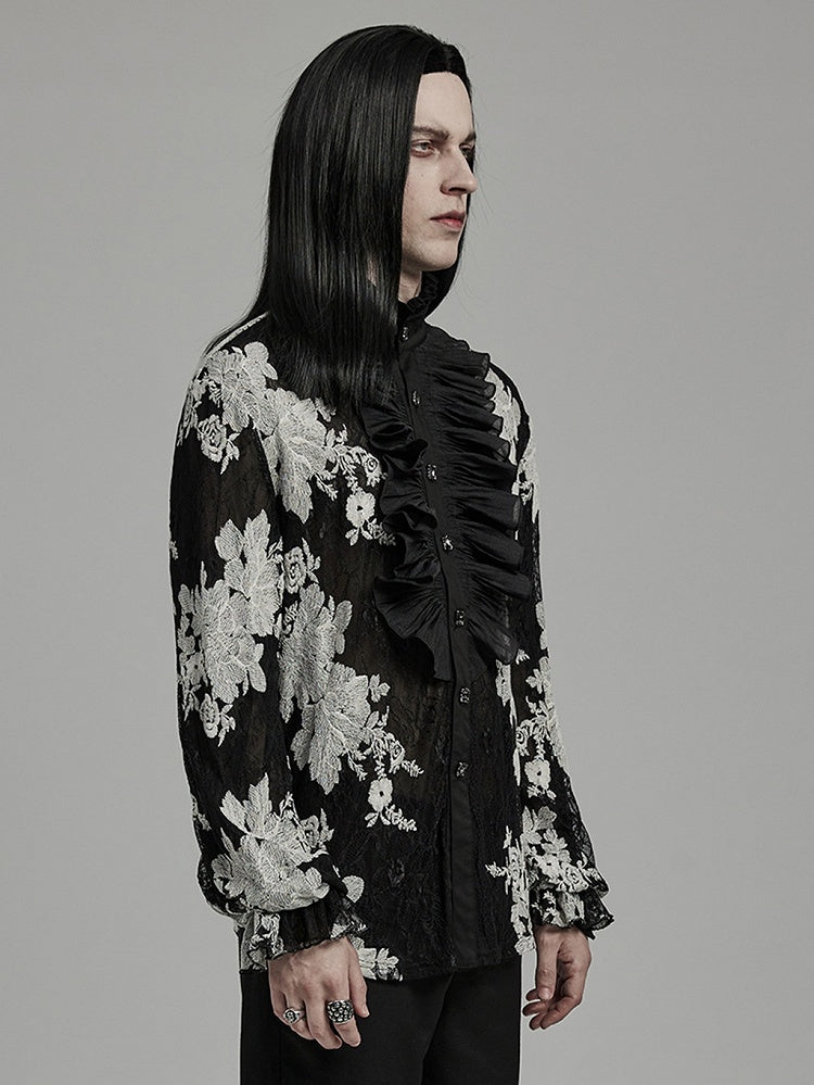 Black and White Goth Men's Floral Shirt