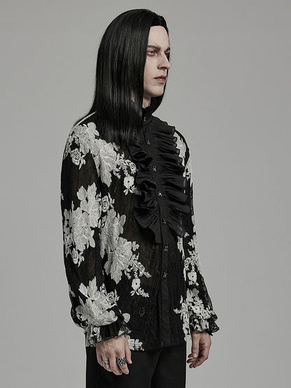 Black and White Goth Men's Floral Shirt